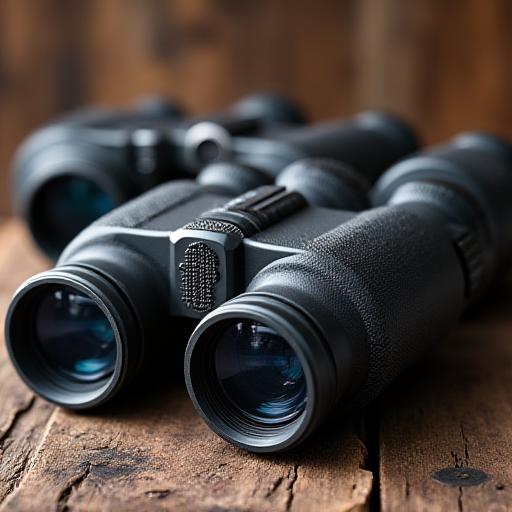 A collection of high-quality binoculars on a wooden surface